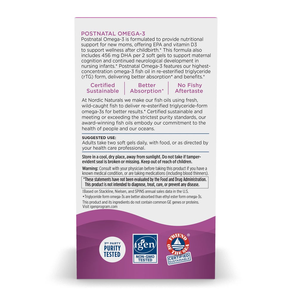 Supplement Facts panel for Nordic Naturals Postnatal Omega-3 and Vitamin D3.