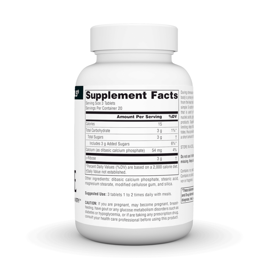 Supplement facts & ingredients image: Source Naturals D-Ribose 1000mg tablets ingredient panel 60 count