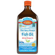 Front image: Carlson Kids fish oil liquid omega 3 800 mg orange flavour 500 ml bottle