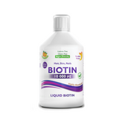 Front image: Swedish Nutra biotin liquid 10000ug orange flavour 500ml bottle