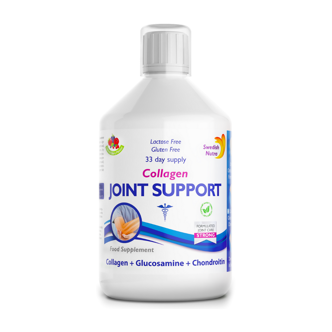 Front image: Swedish Nutra collagen joint support liquid berry flavour 500ml bottle