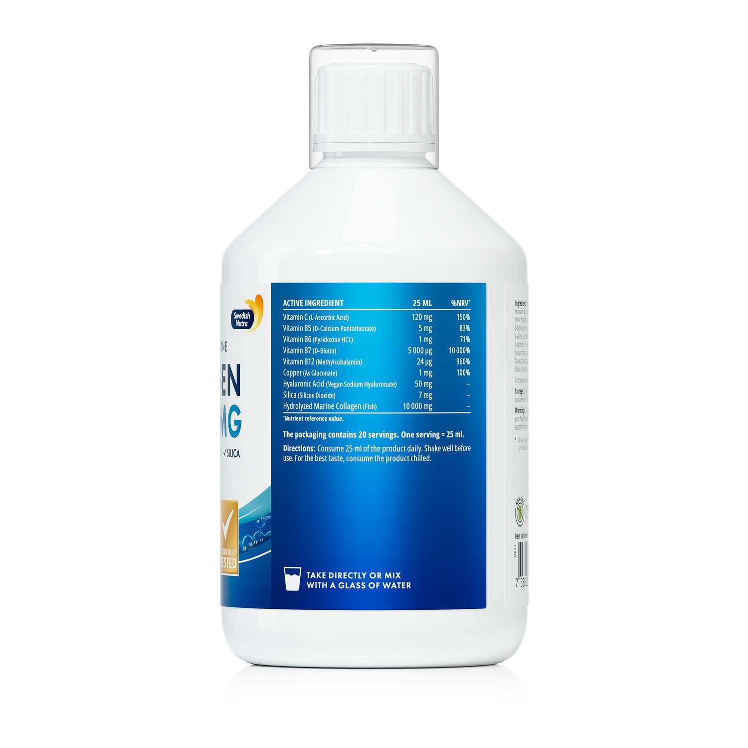 Supplement facts & ingredients image: Swedish Nutra marine collagen supplement facts ingredients 500ml bottle