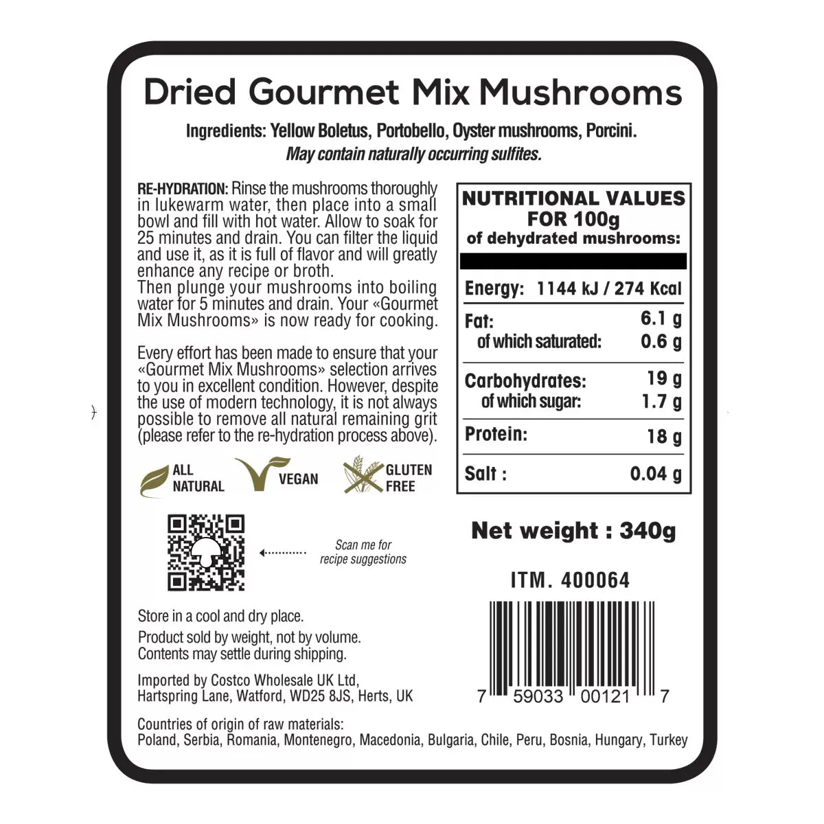 Supplement facts, ingredients & barcode image: Wild Mushroom Co mushrooms ingredients label pack 340g