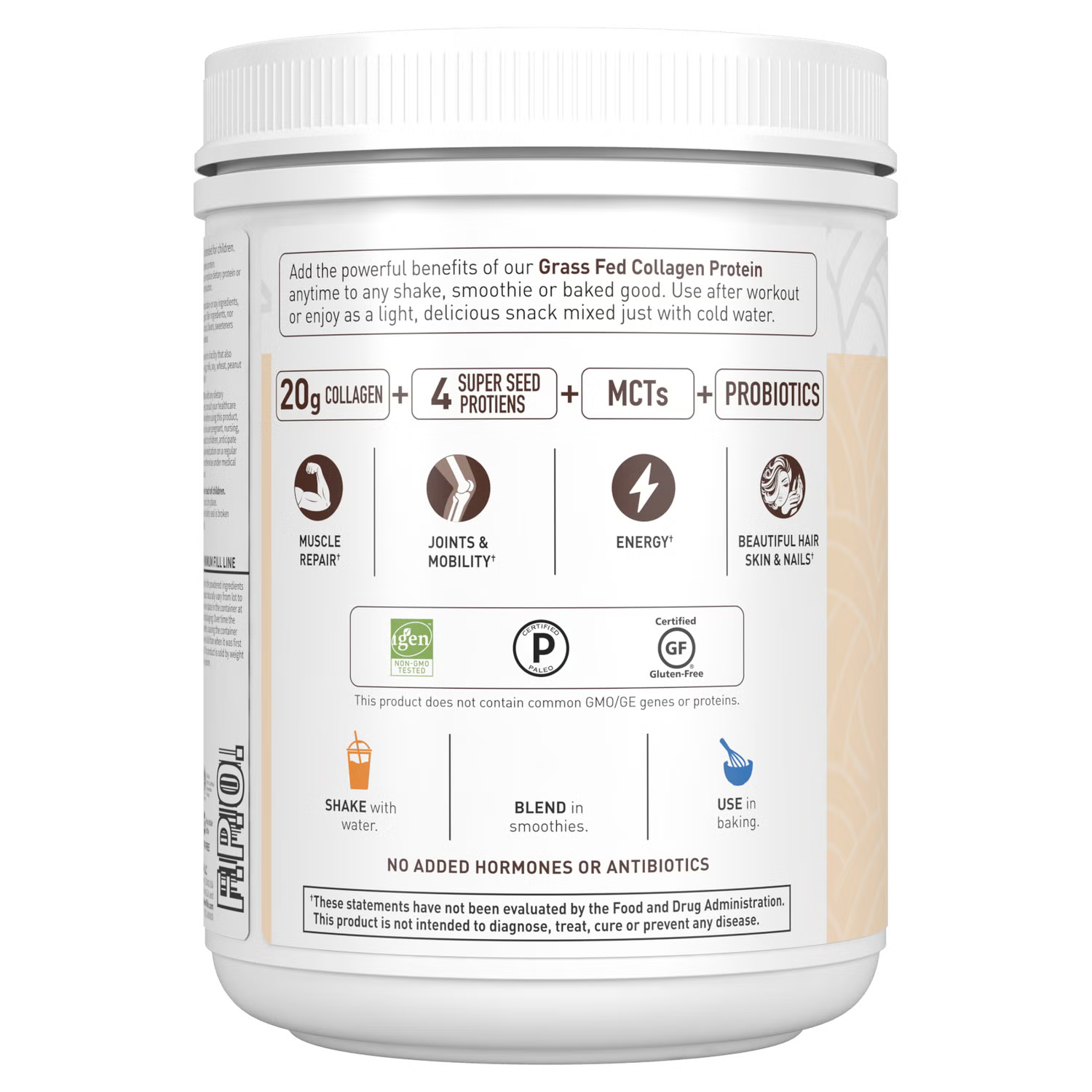 Nutrition facts for Collagen Peptides powder with super seeds.