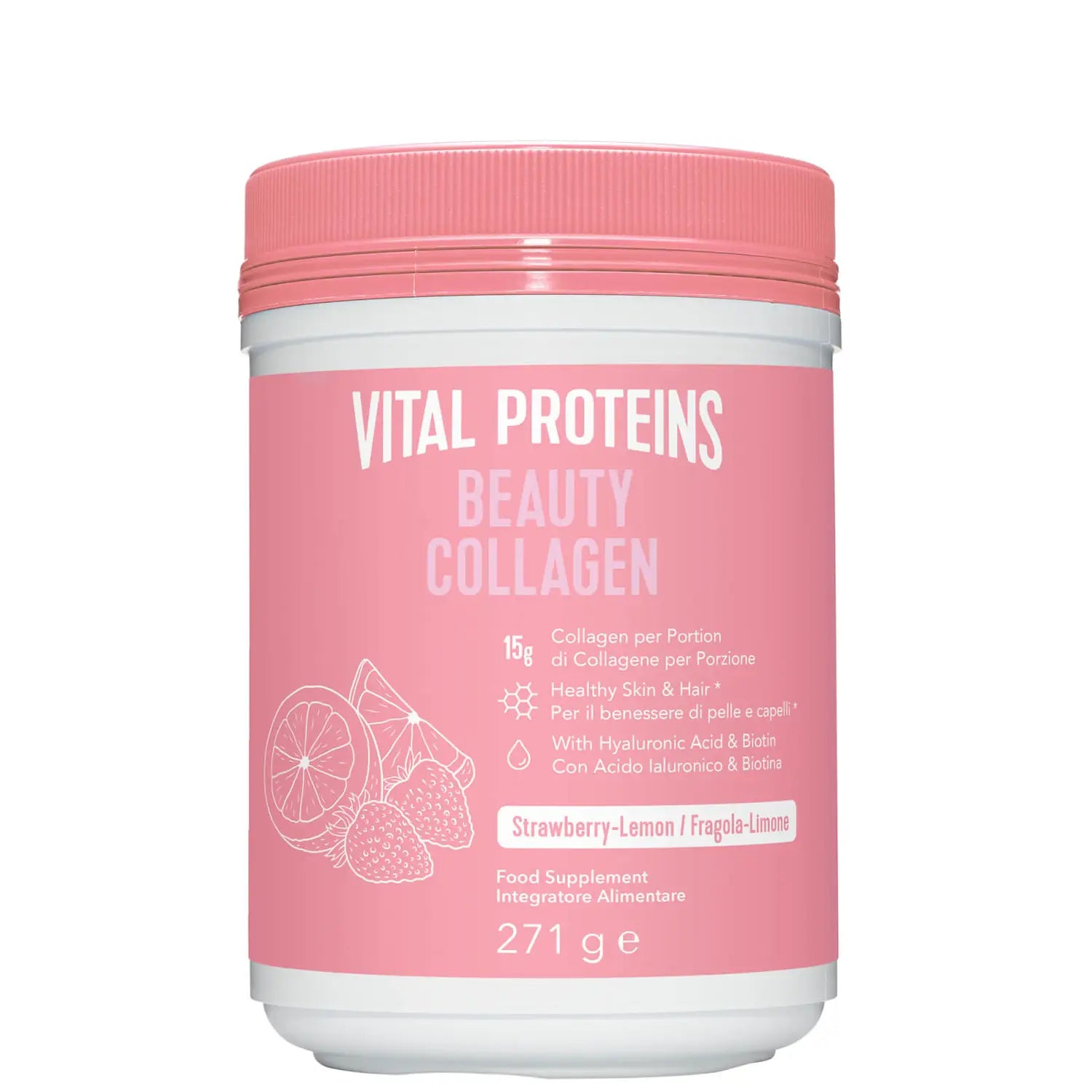 Front image: Vital Proteins Beauty Collagen Peptides powder strawberry lemon tub 271g