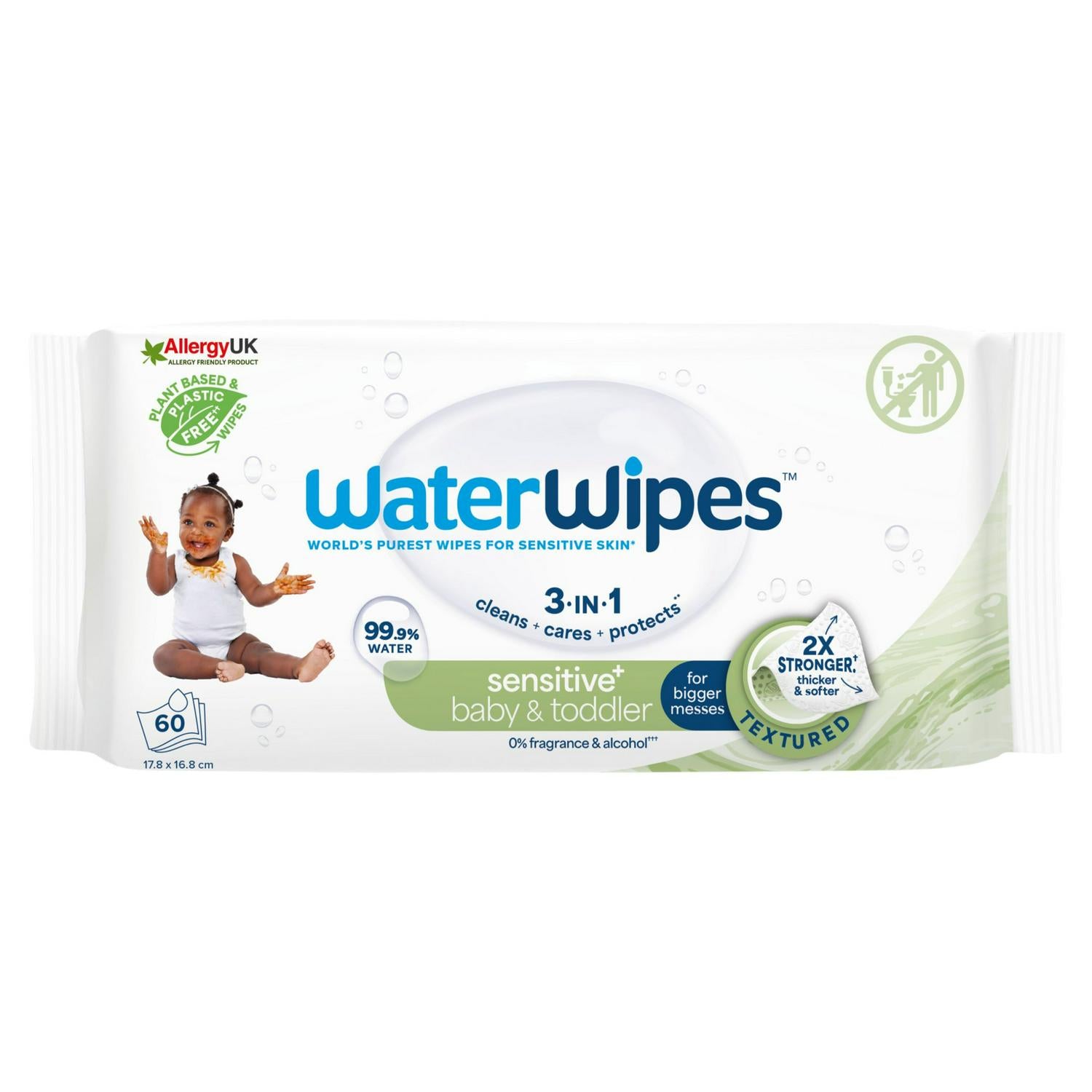 WaterWipes Sensitive+ Baby & Toddler Wipes, resealable soft pack packaging, unscented, 60 wipes