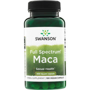 Front: Bottle of Swanson Full Spectrum Maca 500mg, 100 vegan capsules.