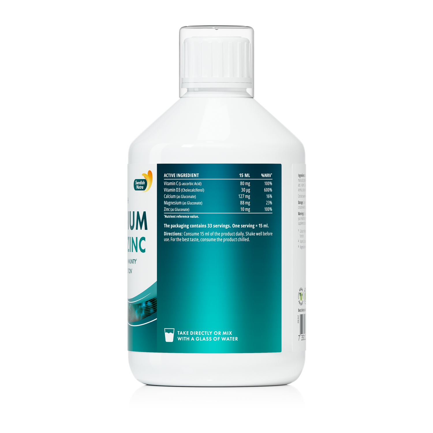 Swedish Nutra High Strength Magnesium Calcium + Zinc Lemon Flavour 500ml supplement information