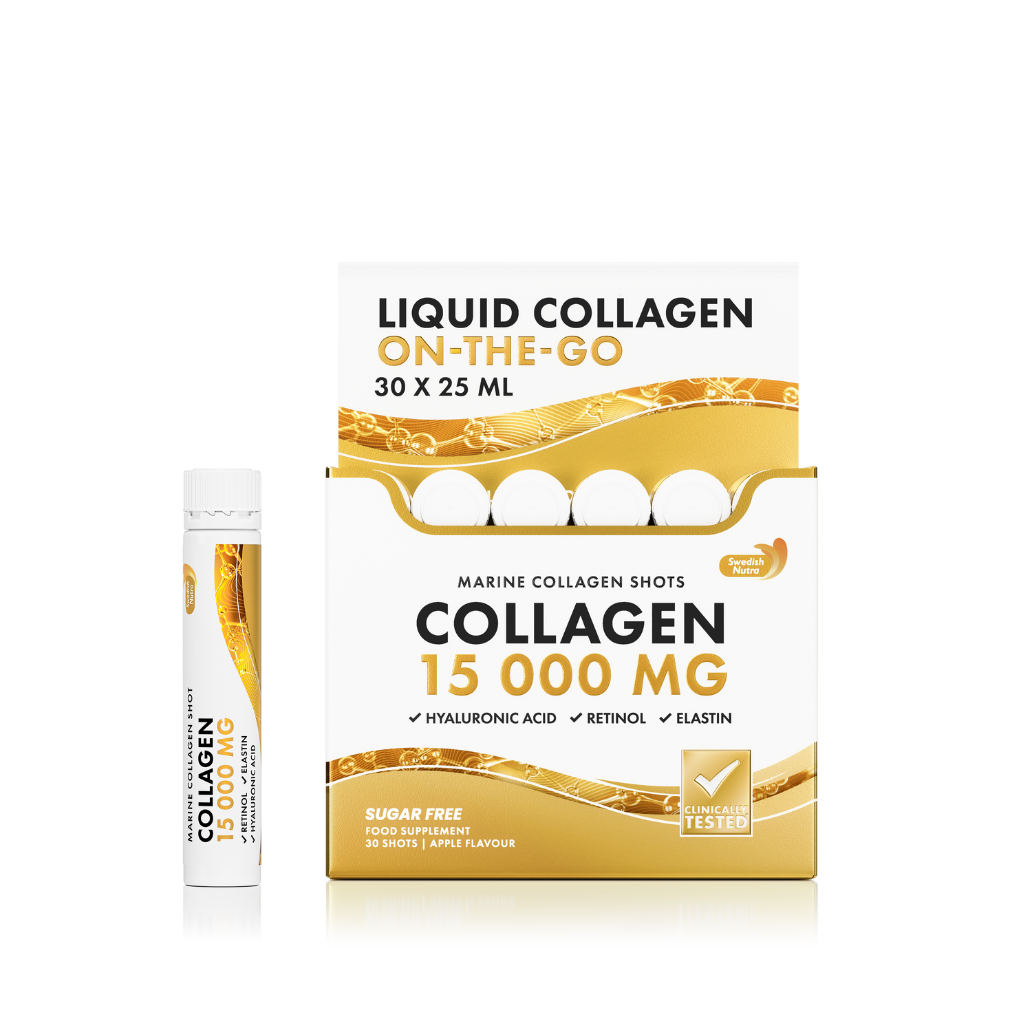 Collagen supplement packaging with liquid collagen on-the-go container and box.