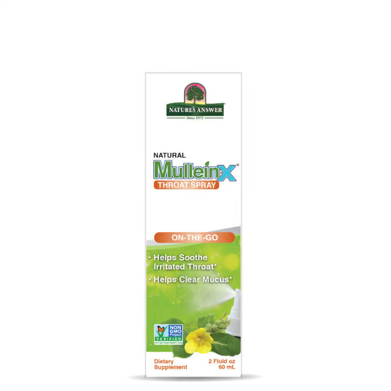Nature’s Answer Mullein-X Throat Spray Peppermint 60ml box front view on a white background