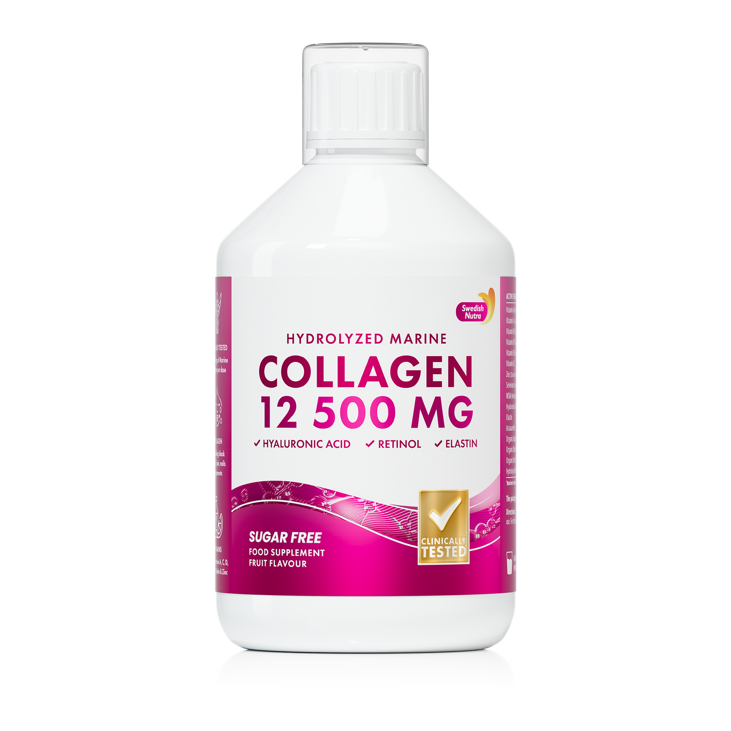Collagen supplement bottle with pink label on a white background