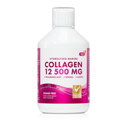 Collagen supplement bottle with pink label on a white background