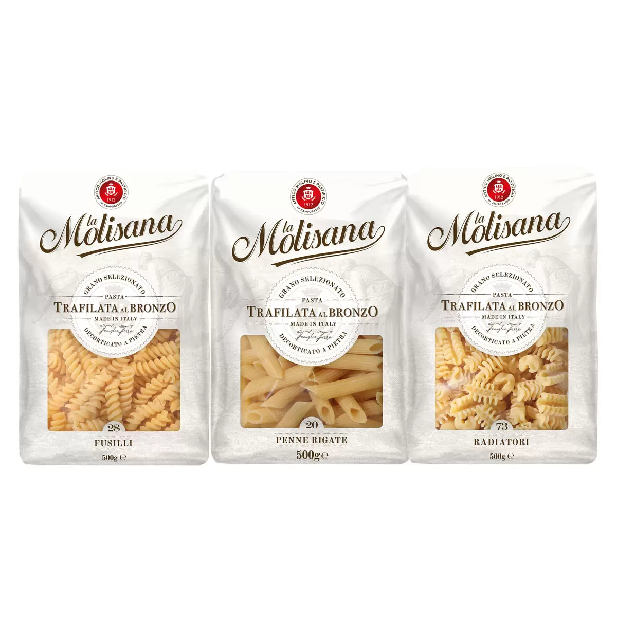 Front image: La Molisana pasta variety pack fusilli penne radiatori 6 x 500g