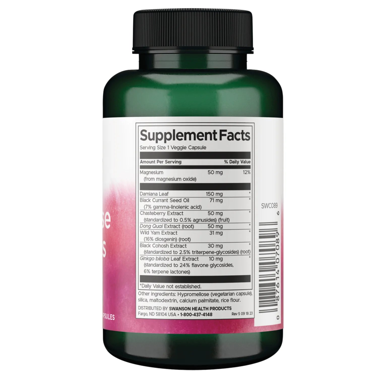 Swanson Menopause Essentials women's herbal supplement veggie capsule bottle 120 capsules supplement facts ingredients & barcode panel