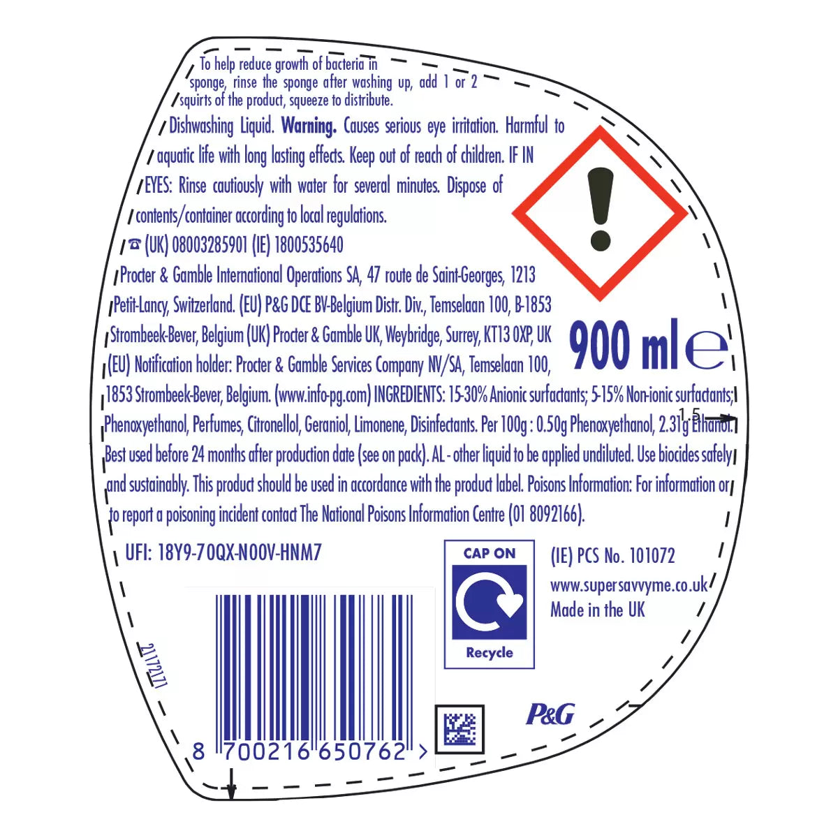 Fairy Antibacterial Eucalyptus Washing Up Liquid 900ml packaging showing ingredients and product information & barcode