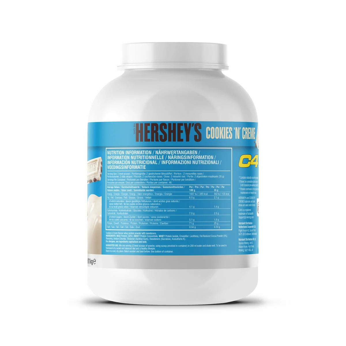 Supplement Facts Image: Cellucor C4 whey protein ingredients cookies cream 1.61kg packaging