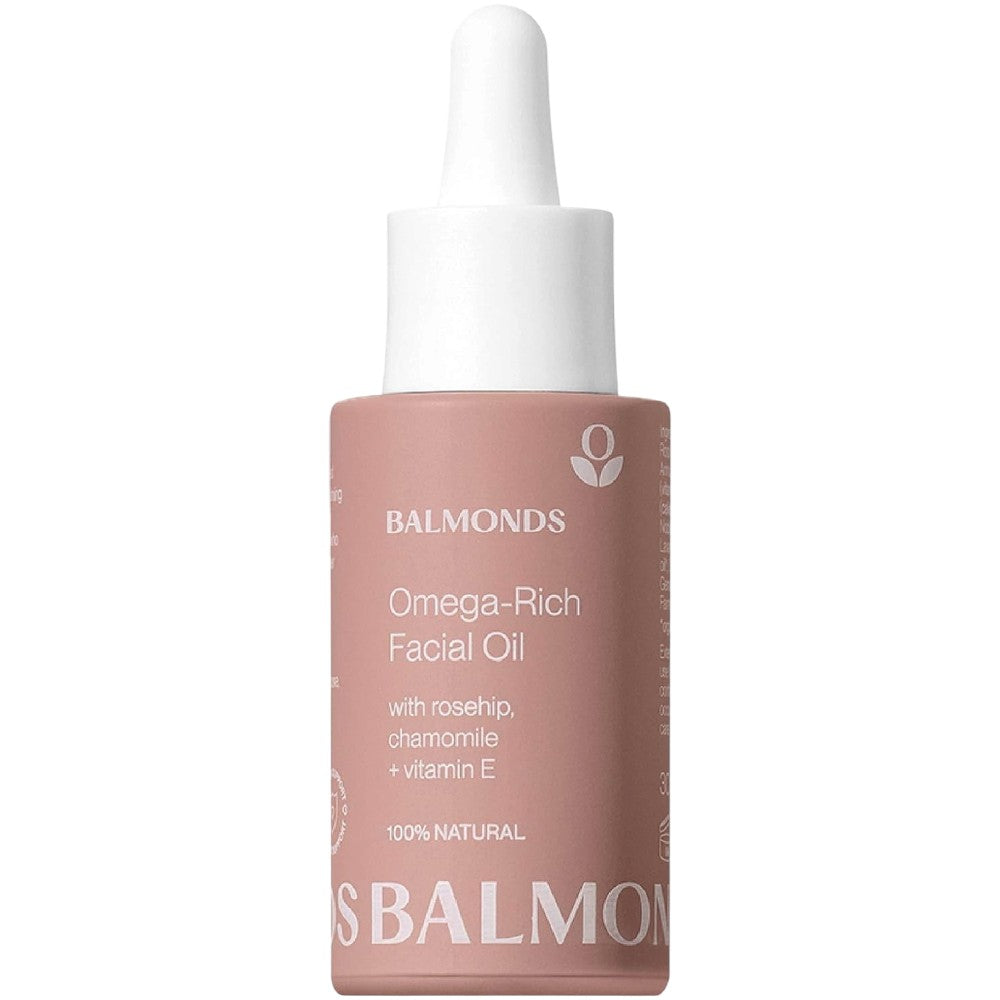 Front image: Balmonds Omega Rich Facial Oil 30ml bottle natural skincare oil packaging