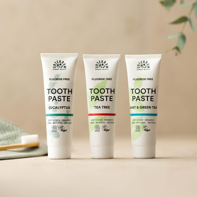 Urtekram Fluoride Free Mint & Green Tea Toothpaste, toothpaste tube packaging, mint and green tea flavour, 75ml, daily oral care use & other variants