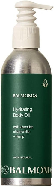 Front image: Balmonds Hydrating Body Oil 200ml bottle natural skincare oil packaging