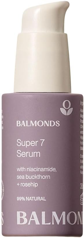 Front image: Balmonds Super 7 Serum 30ml bottle natural facial serum packaging