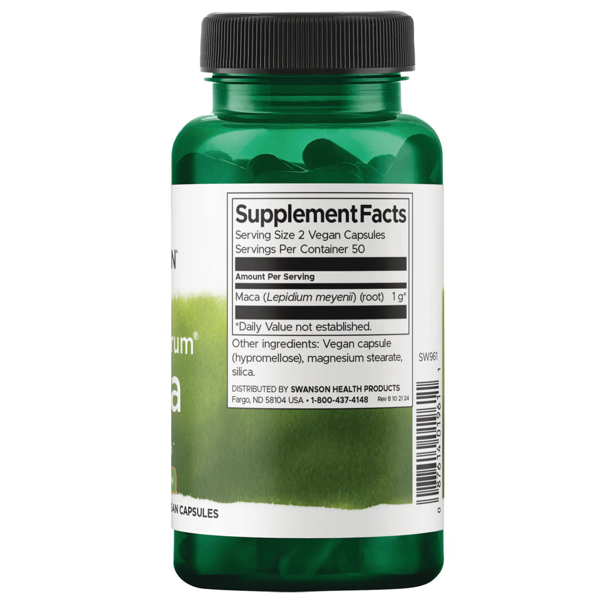 Swanson Full Spectrum Maca Root - 100 Vegan Capsules root showing serving size and source.