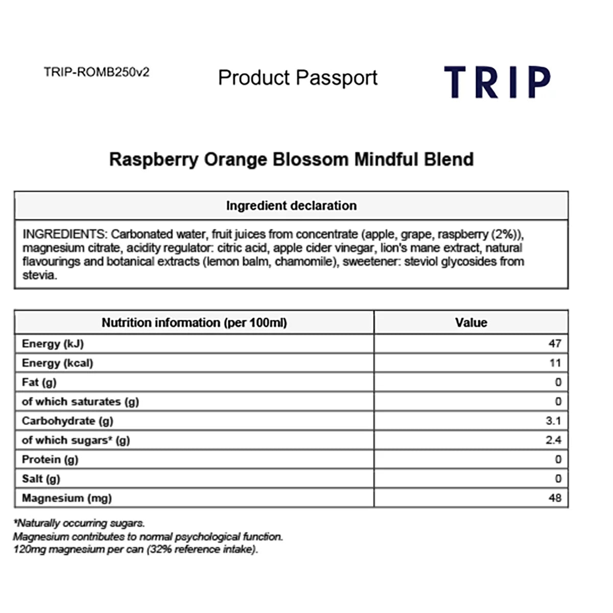 TRIP Mindful Blend Magnesium Raspberry Orange Blossom ingredients information 250ml