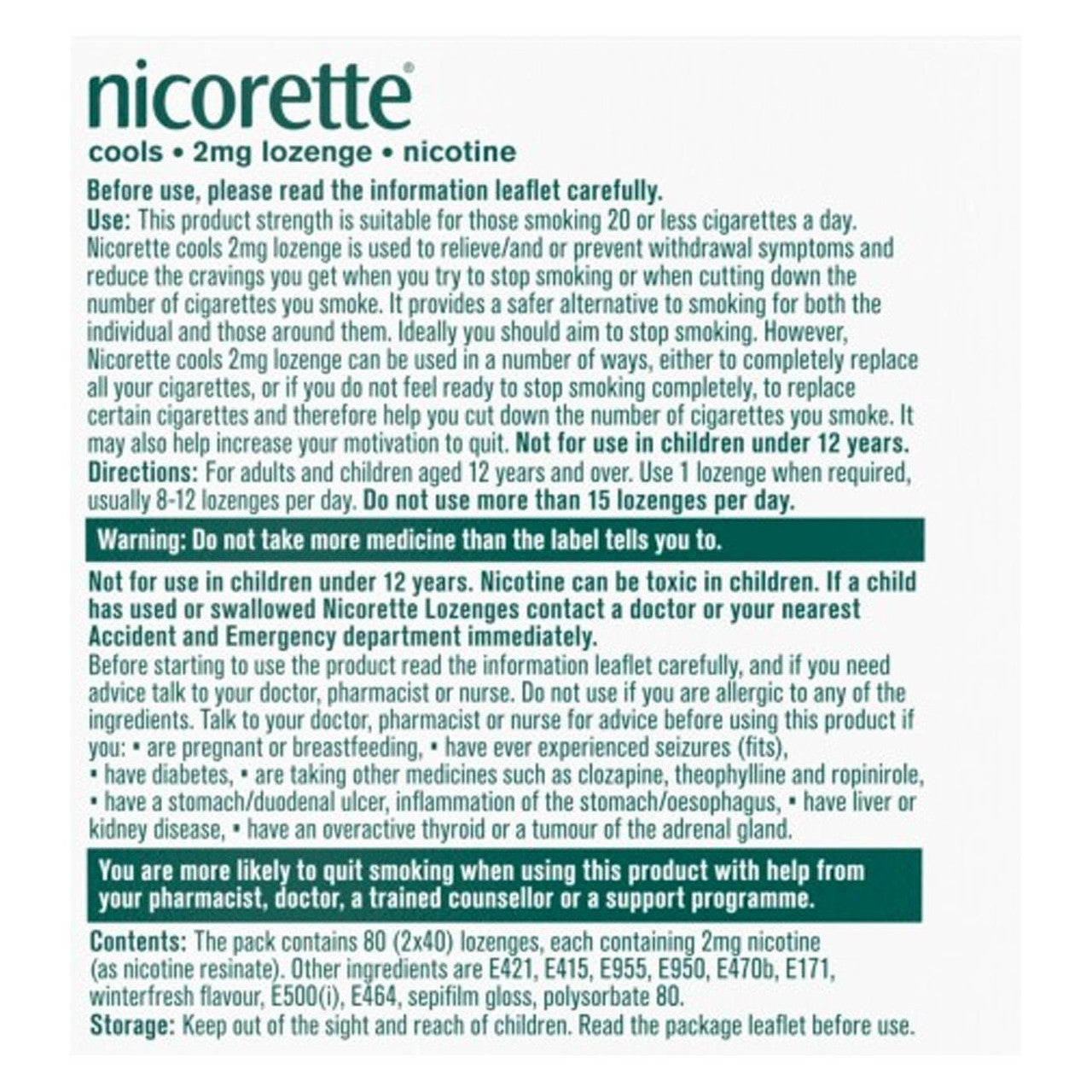 Nicorette Cools 2mg nicotine lozenges ingredients label icy mint 160 pieces