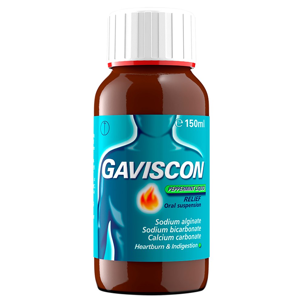 Gaviscon Peppermint Liquid Oral Suspension bottle packaging peppermint flavour oral suspension 150ml front product image