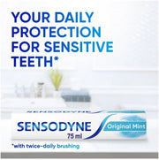 White and blue box of Sensodyne Daily Care Original Mint Toothpaste for sensitive teeth, 75ml.