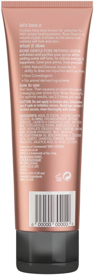 Bioré Rose Quartz + Charcoal Gentle Pore Refining Scrub ingredients panel 110ml facial exfoliator