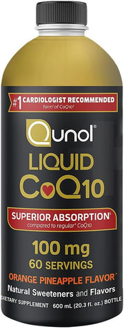 Front image: Qunol Liquid CoQ10 orange pineapple flavour liquid supplement bottle 100mg 600ml