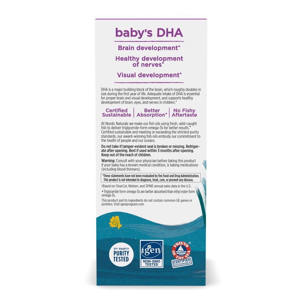 Supplement facts and usage instructions for Nordic Naturals Baby's DHA.