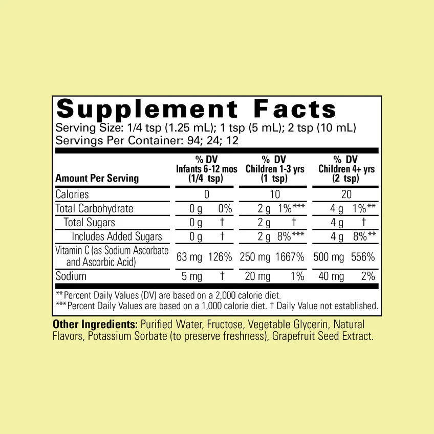 ChildLife Essentials Liquid Vitamin C supplement facts vitamin C orange 118ml
