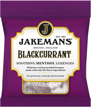 Jakemans Blackcurrant Menthol Lozenges bag packaging blackcurrant flavour 12 x 73g front product image