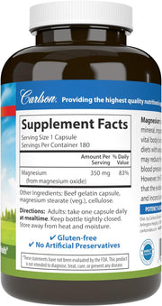 Supplement facts & ingredients image: Carlson Magnesium 350 mg supplement facts capsules bottle 180 count