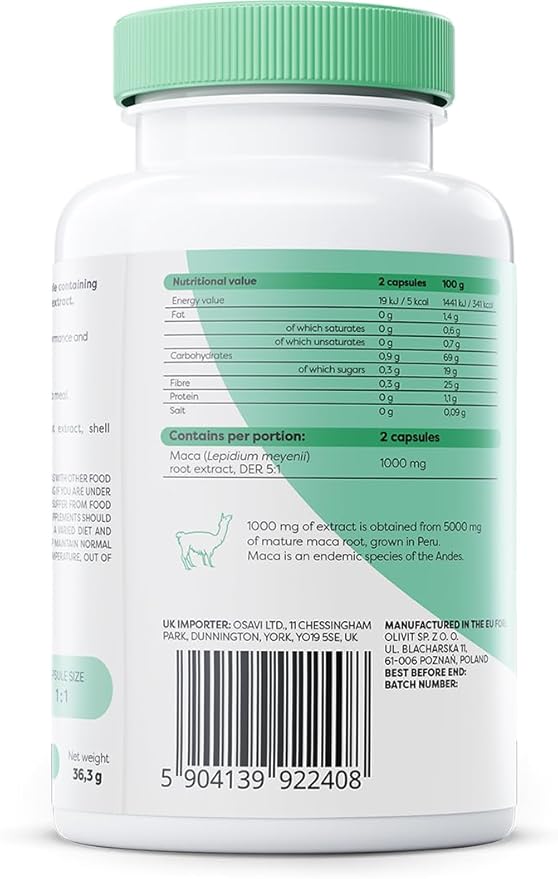 Supplement facts panel and barcode  showing 5:1 extract ratio for Osavi Maca.