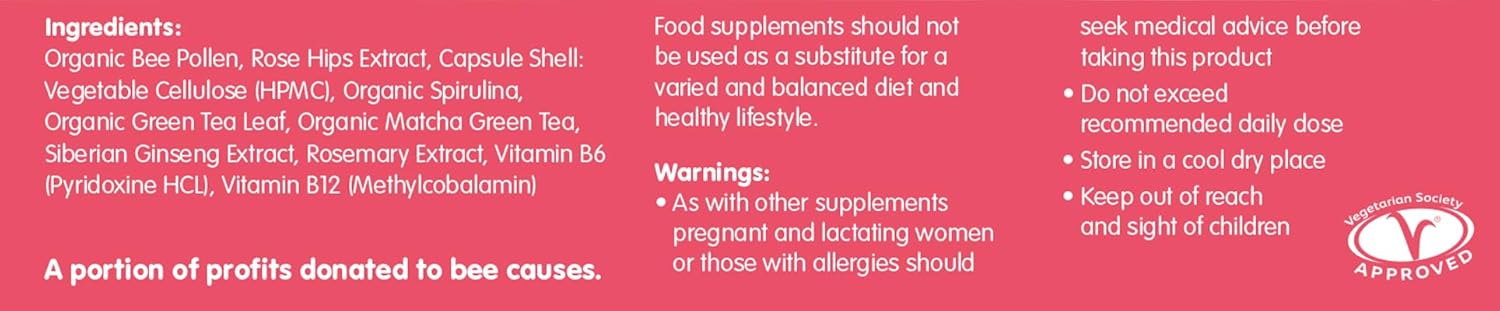 Supplement facts panel and ingredients list for Bee Energised capsules.