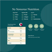 Supplement facts & ingredients image: Freja beef bone broth protein powder nutrition label pouch 300g