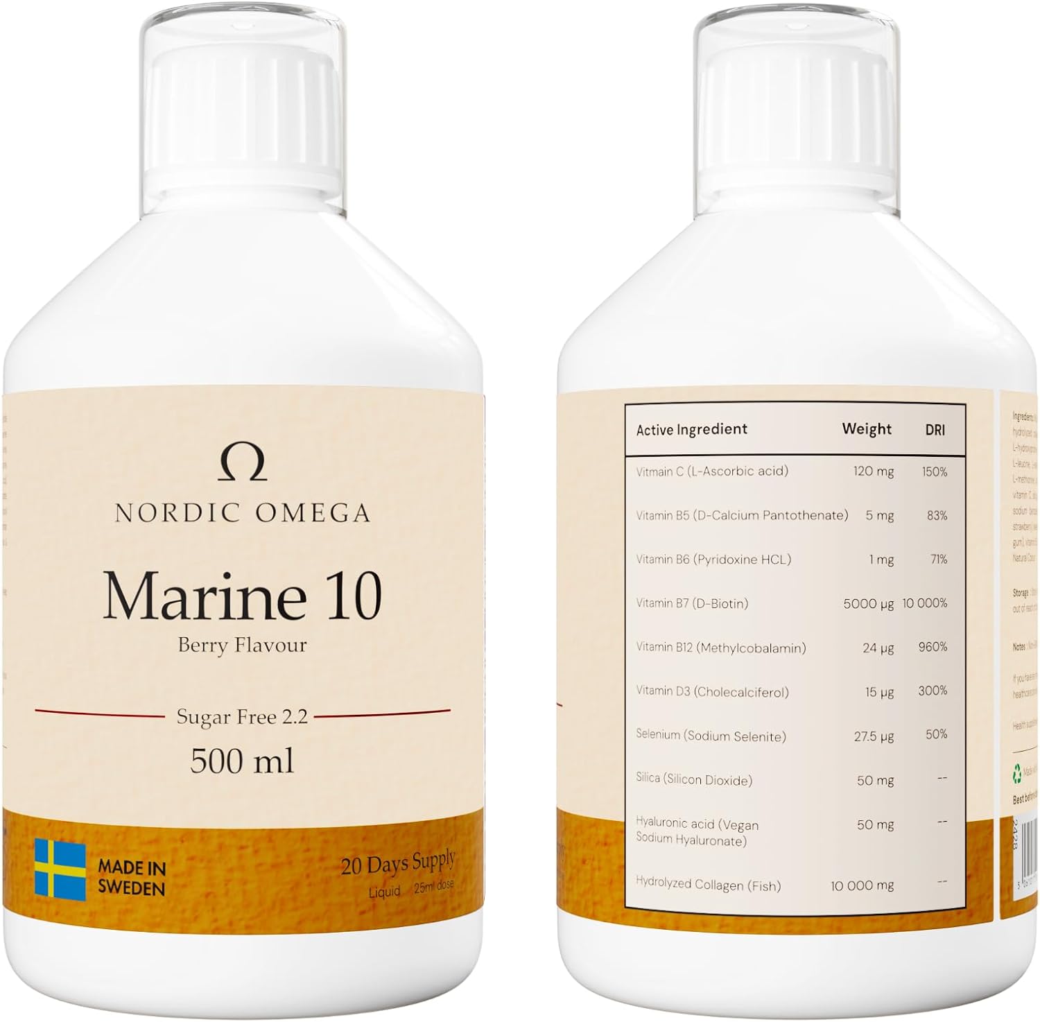 Nordic Omega Marine Collagen 10 liquid bottle berry flavour sugar free 500ml front & back bottle