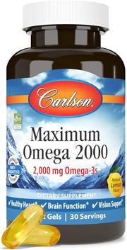 Front image: Carlson Maximum Omega 2000 fish oil lemon softgels omega 3 60 bottle