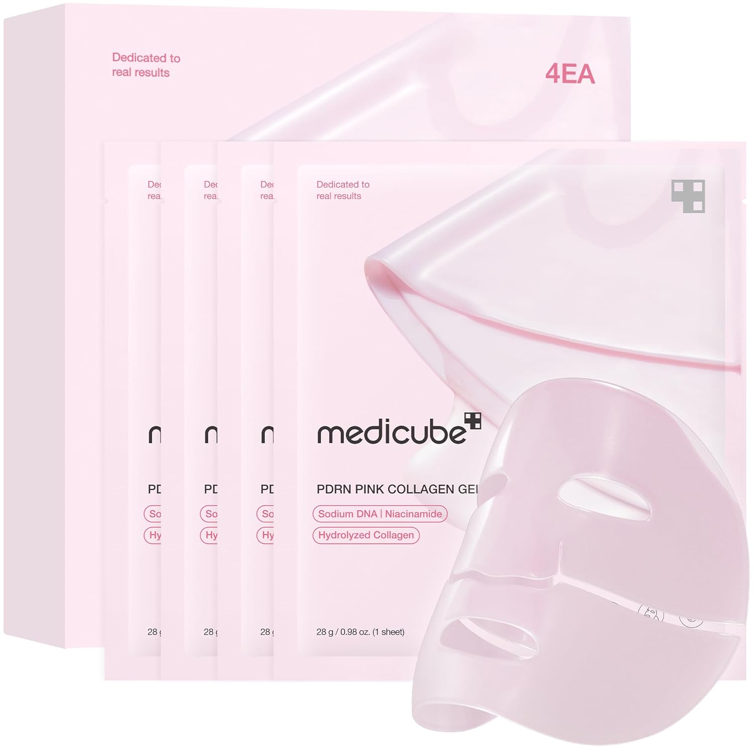 Medicube PDRN Pink Collagen Gel Mask, individual sachet packaging, fragrance not specified, 4 masks x 28g