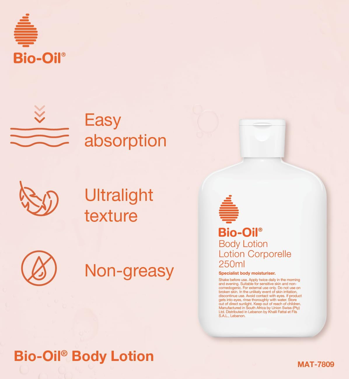 Bio-Oil Ultralight Moisturising Body Lotion, pump bottle packaging, fragrance not specified, 250ml, ingredients information