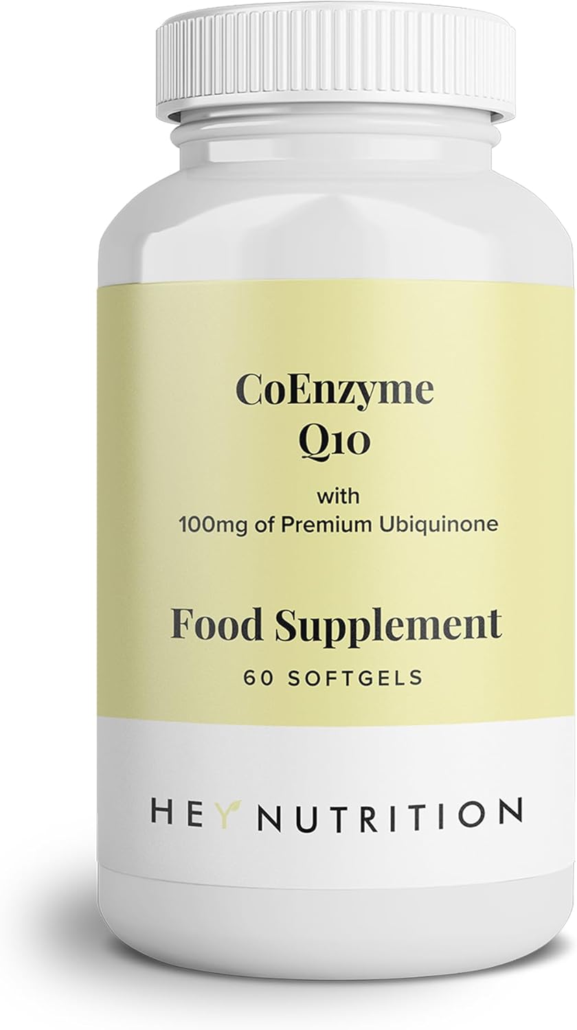 Hey Nutrition CoQ10 100mg softgel bottle, 60 count.