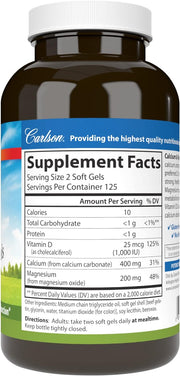 Supplement facts & ingredients image: Carlson Calcium Magnesium vitamin D3 supplement facts softgels 250 bottle