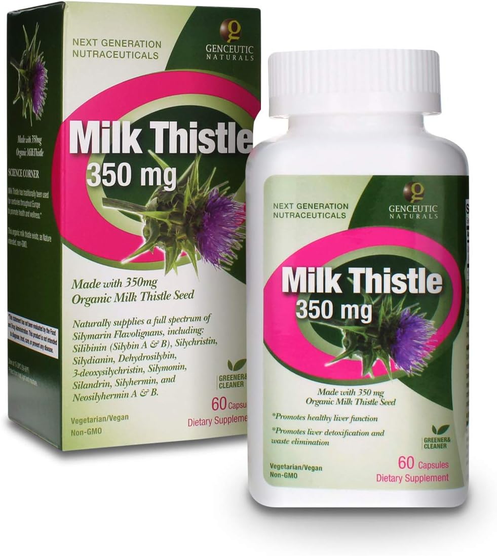 Genceutic Naturals Organic Milk Thistle 350mg capsules bottle & box front label 60 capsules