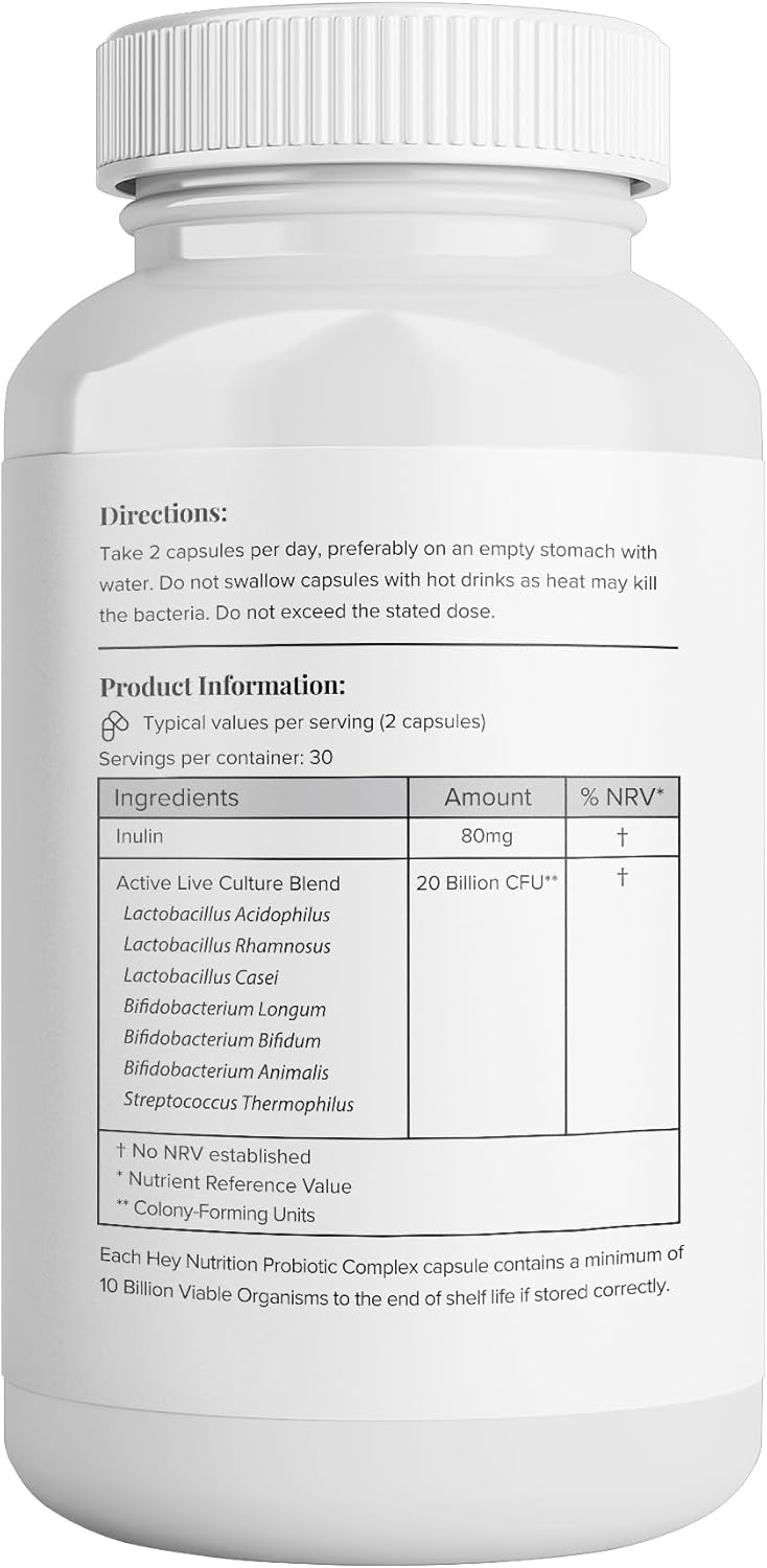Supplement facts panel showing probiotic strains and CFU count.