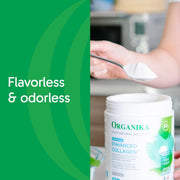 Metal scoop in Organika collagen powder on a clean background.