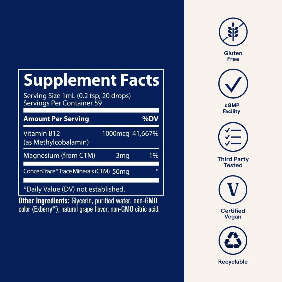 Supplement Facts Image: Trace Minerals Ionic B12 1000mcg supplement facts ingredients liquid bottle 59ml