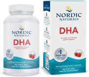 Nordic Naturals DHA fish oil supplement shown with a white plastic bottle and matching white and blue retail box on a plain white background.