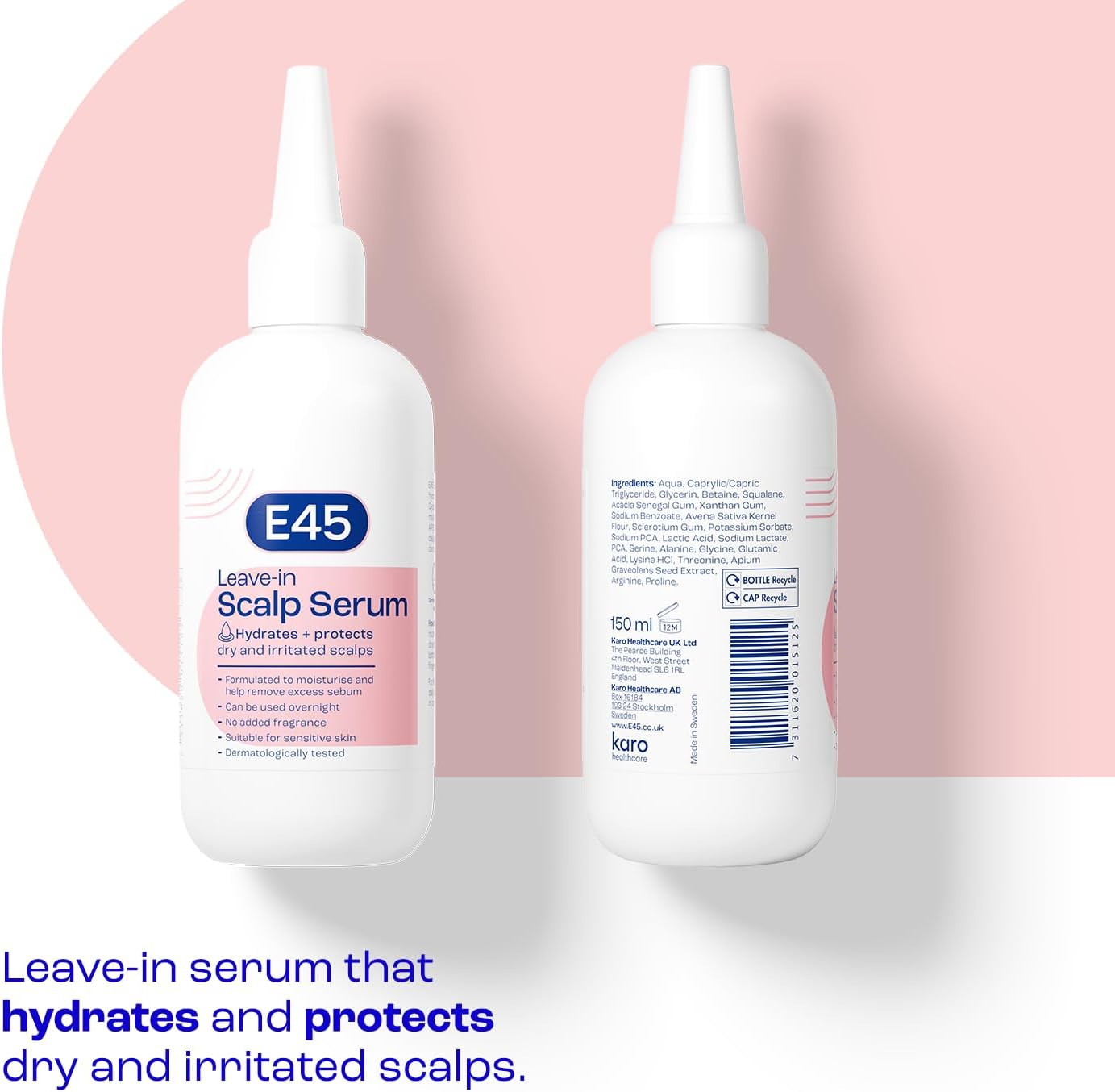 E45 Leave-In Scalp Serum barcode on scalp care bottle 150ml
